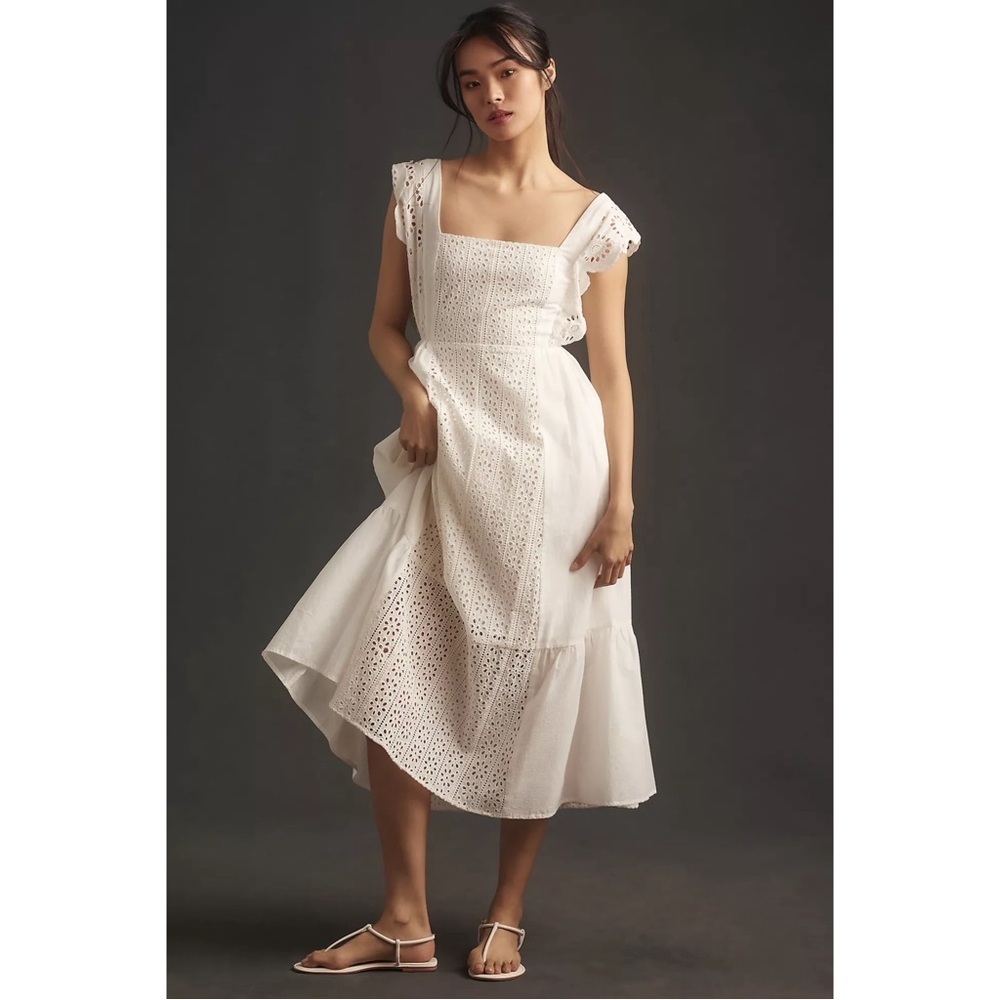Anthropologie English Factory White Eyelet Square Neck Midi Dress Garden Party L